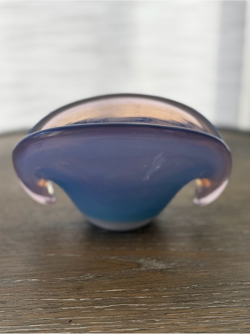 Vintage Murano Art Glass Clam Shell Bowl Purple Pink Opalescent Dual Base